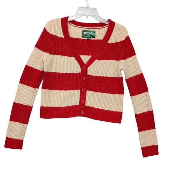 American Eagle Rugby Button Down Sweater Red and Beige Striped V Neck - Picture 3 of 9